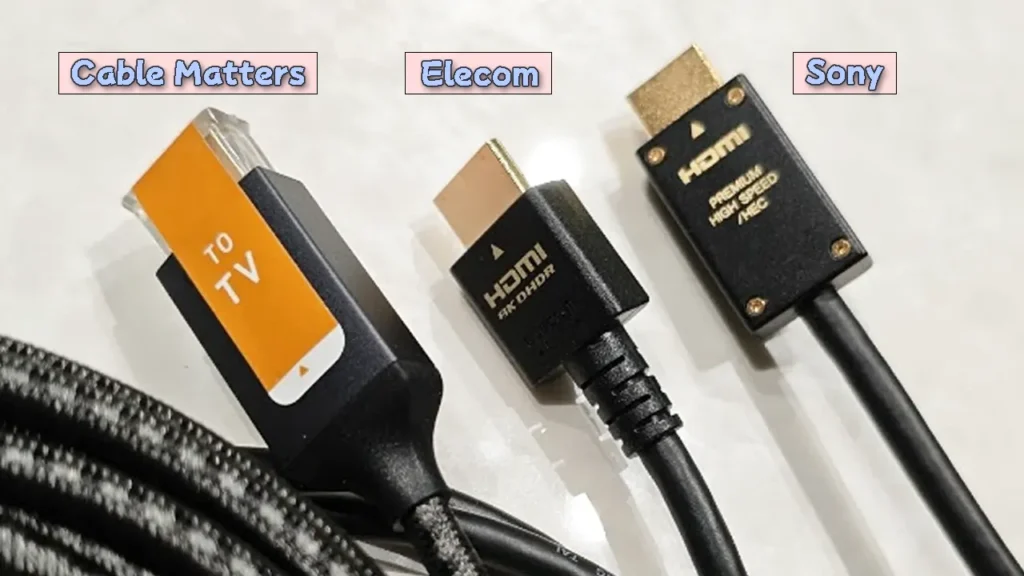 Cable Matters、Elecom、Sony3社HDMIケーブル比較写真。