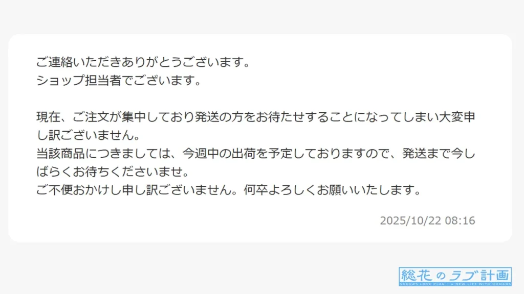 問い合わせの回答: 今週中の出荷を予定しております。