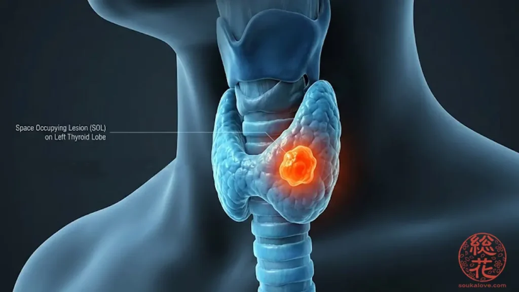 甲状腺左葉にSOLが見られるイメージ図
